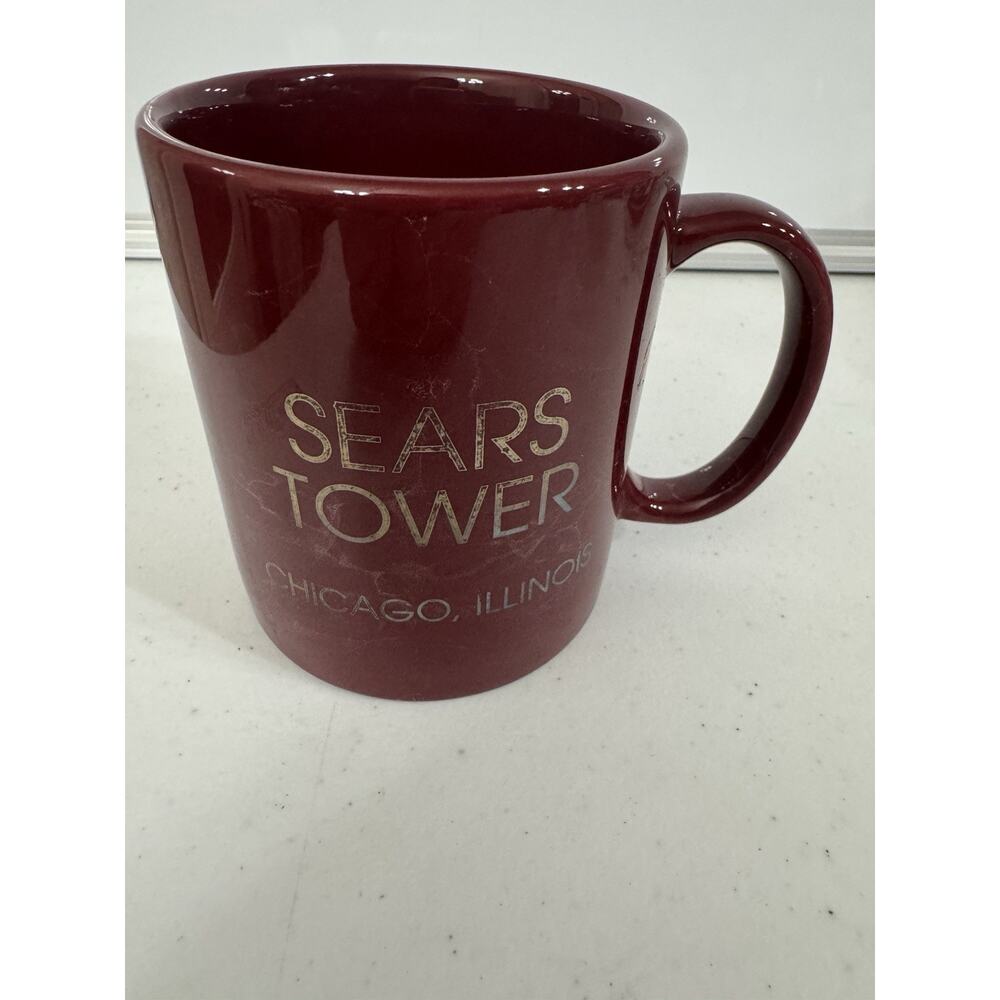Sears Tower Chicago Marbled Burgandy Vintage Mug With Gold Tower And Writing